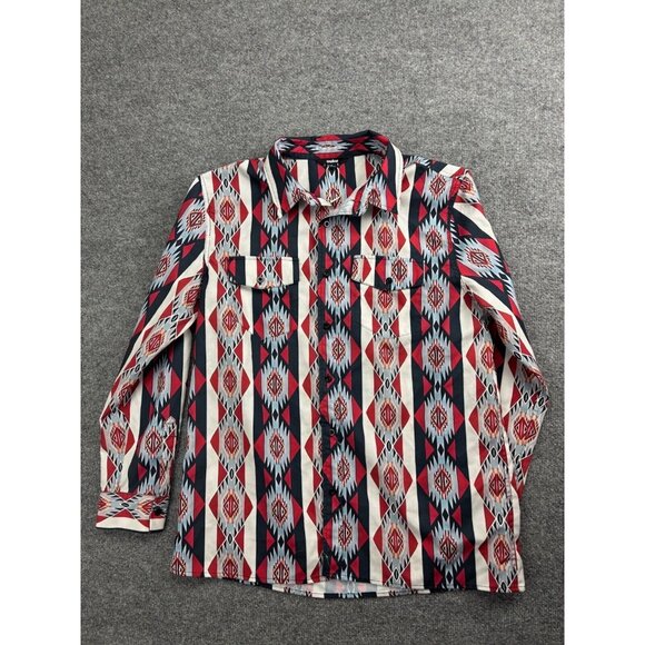 Ouku Button Up Shirt Men's Large Red Blue White Geometric Long Sleeve Pockets - Picture 1 of 6